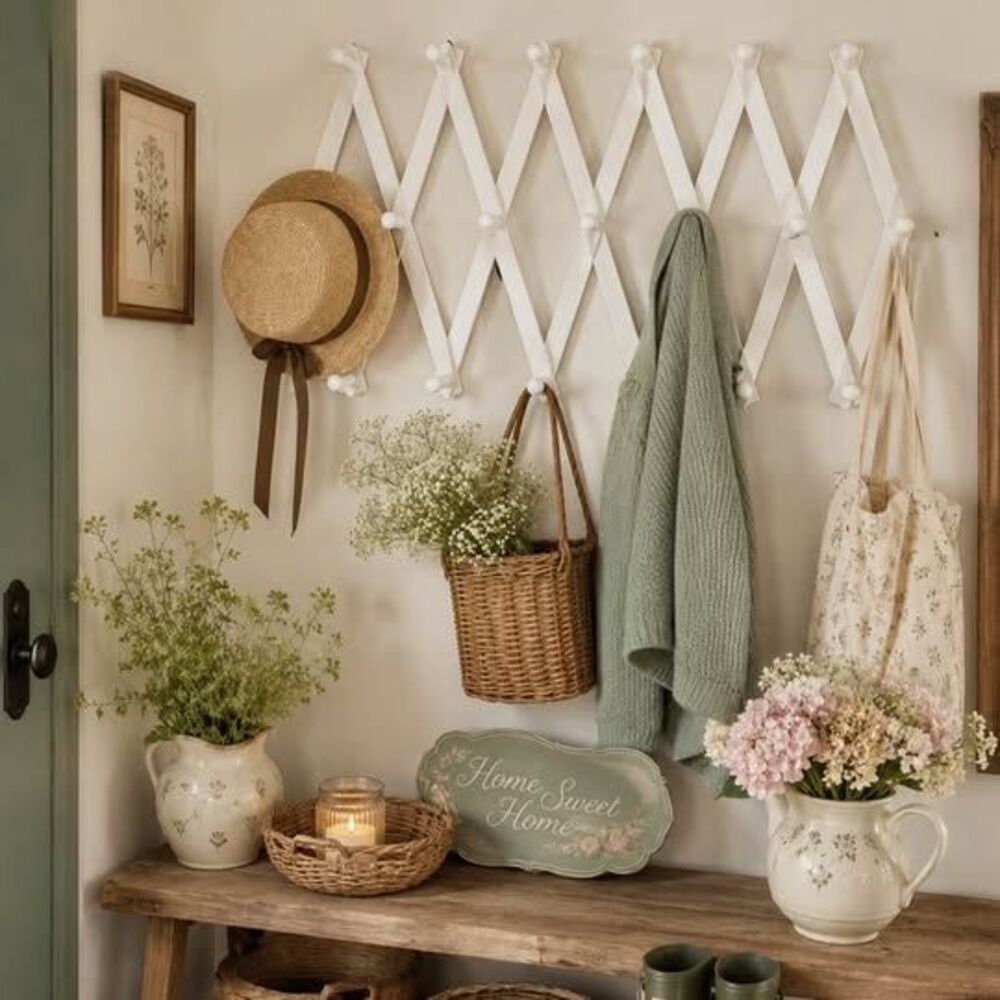 Cottagecore White Wood Accordion Peg Rack Expandable Wall Coat Hat Mug Hanger